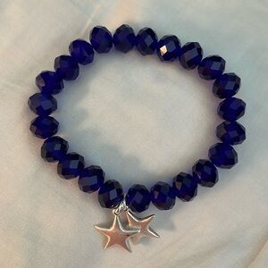 Sparkling blue glass beads stretch bracelet w 2 brushed sterling stars